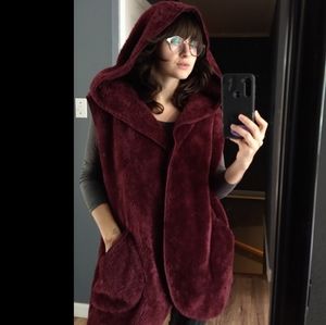Maroon Hooded Sherpa Vest